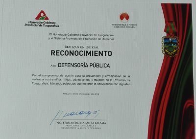 La Defensoría Pública recibió un reconocimiento por el trabajo en la prevención y erradicación de la violencia infantil y de género en la provincia de Tungurahua