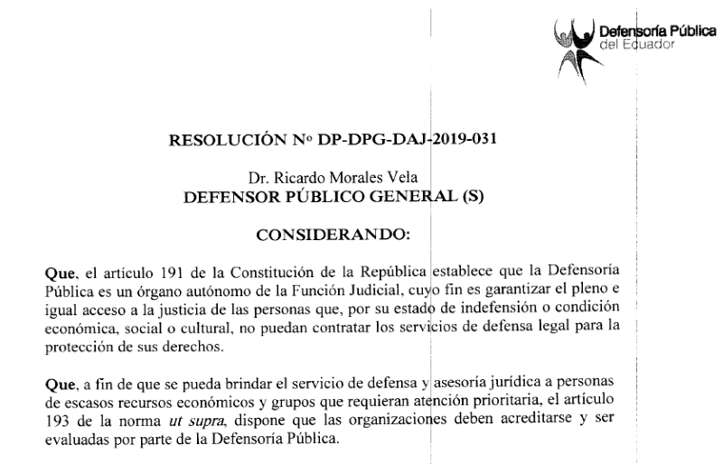 Se comunica a la ciudadanía que la Defensoría Pública resolvió cerrar el Consultorio Jurídico Gratuito «Asylum Access Ecuador»