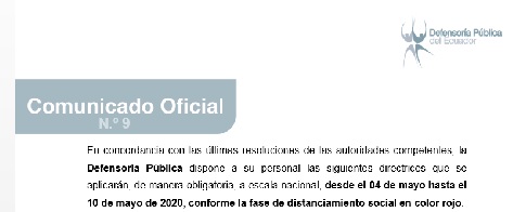 Disposiciones de la Defensoría Pública todo el territorio nacional a partir de este lunes 4 de mayo