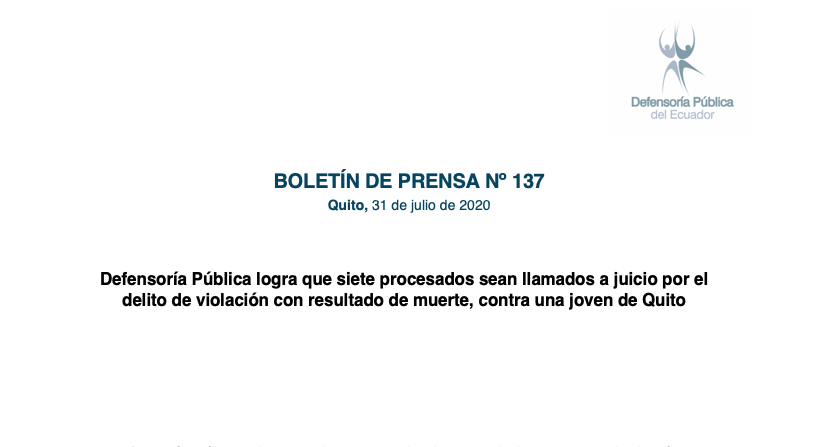 Defensoría Pública logra que siete procesados sean llamados a juicio por el delito de violación con resultado de muerte, contra una joven de Quito